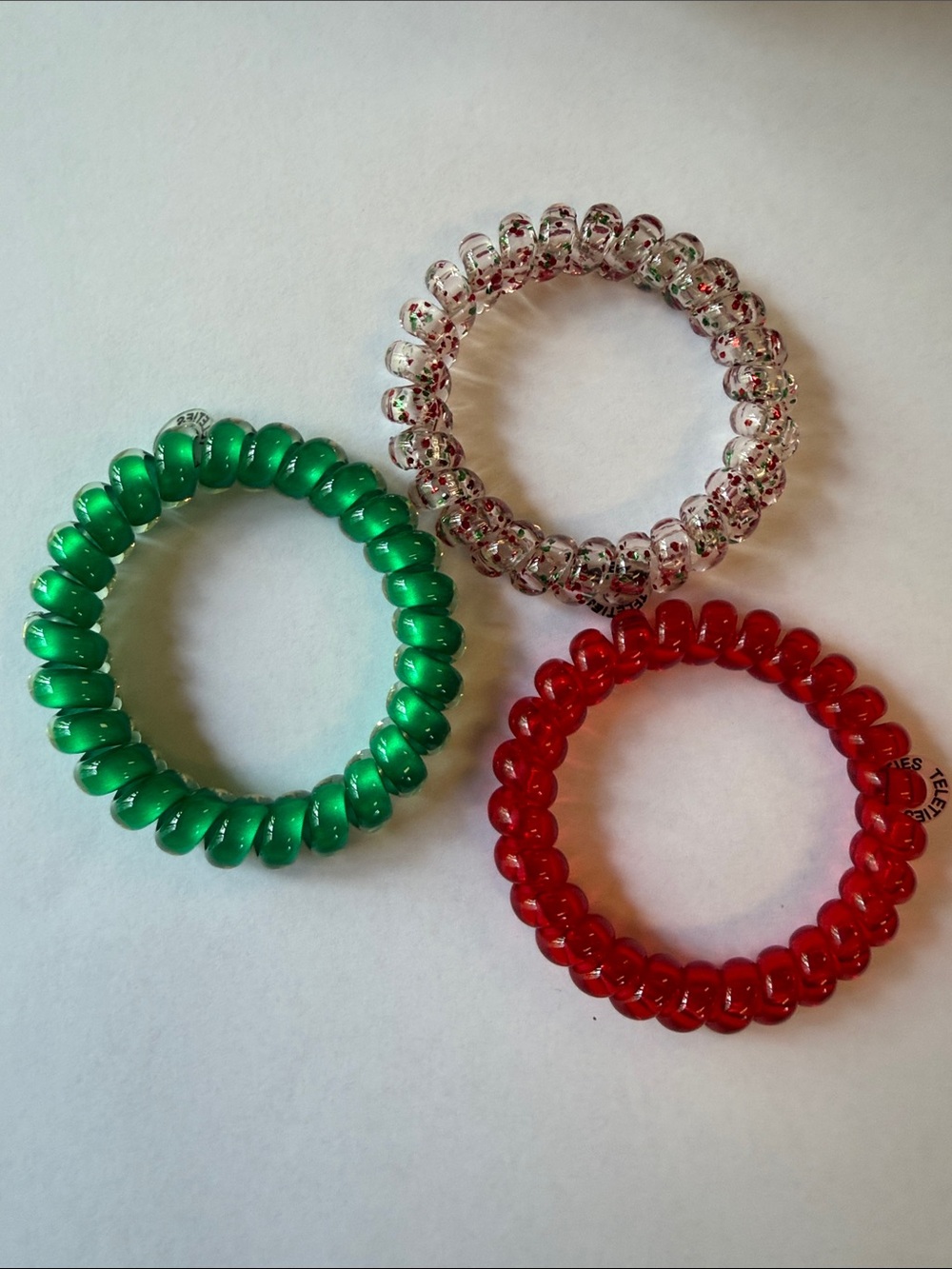 Large Teleties Set of 3 Coiled Hair Ties - Green, Red, Clear Glitter